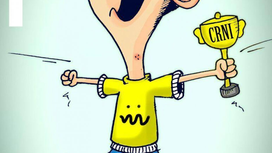 A cartoon by Eaten Fish showing him holding the Courage in Editorial Cartooning award he received from the human rights group Cartoonists Rights Network International.