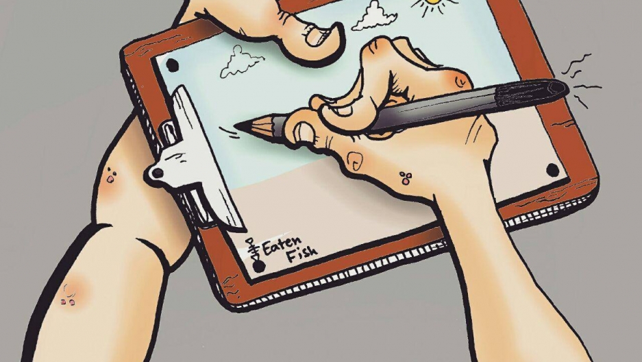 cartoon showing closeup of hand of cartoonist Eaten Fish drawing on a cartoon on a clip board.