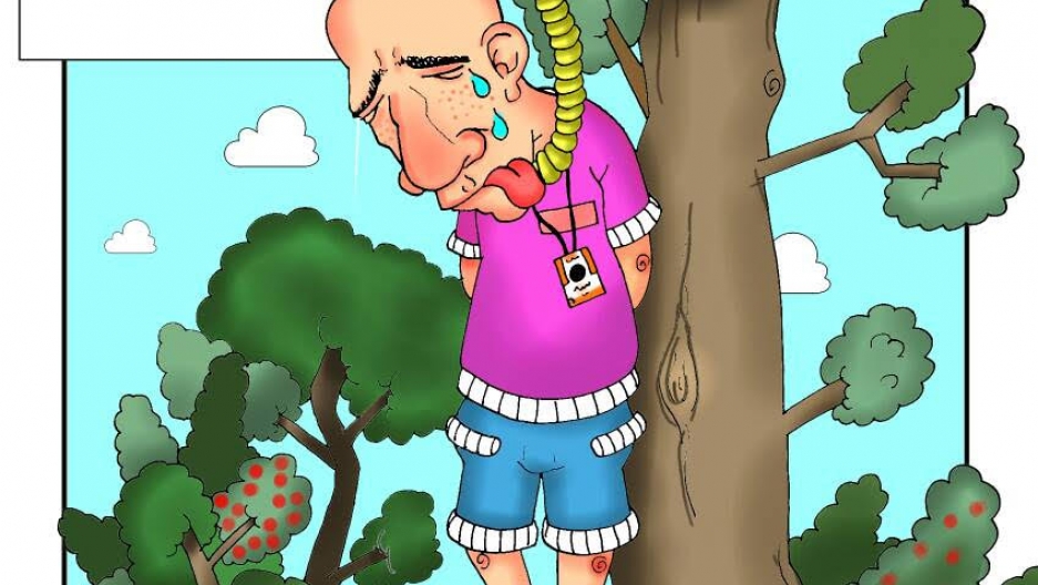 During his more than four years in detention, cartoonist Eaten Fish often felt depressed and sometimes suicidal. Cartoon showing cartoonist Eaten Fish trying to hang himself at the Manus Island detention camp. He often felt suicidal during his four years in detention and suffered from intense OCD.