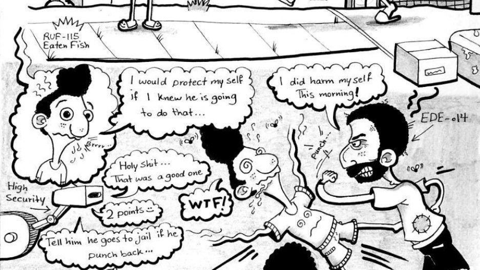 Eaten Fish says he was beaten and sexually harassed during his detention at the Manus Island detention camp. Eventually, he was placed in isolation at the camp and in August 2017 was moved to Port Moresby, Papua New Guinea for medical treatment. a multi-panel cartoon by Eaten Fish showing how one day he was beaten in the camp on Manus Island and the people in charge of the camp did nothing to help him.