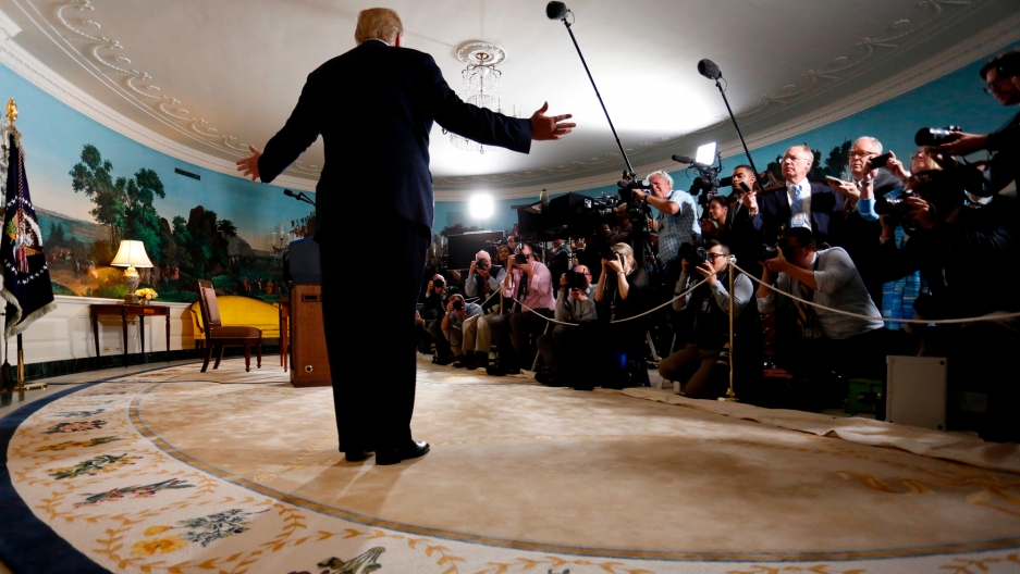 President Donald Trump reacts to a question from a reporter after the president announced his intention to withdraw from the Iran nuclear agreement. President Donald Trump reacts to a question from a reporter after the president announced his intention to withdraw from the Iran nuclear agreement.