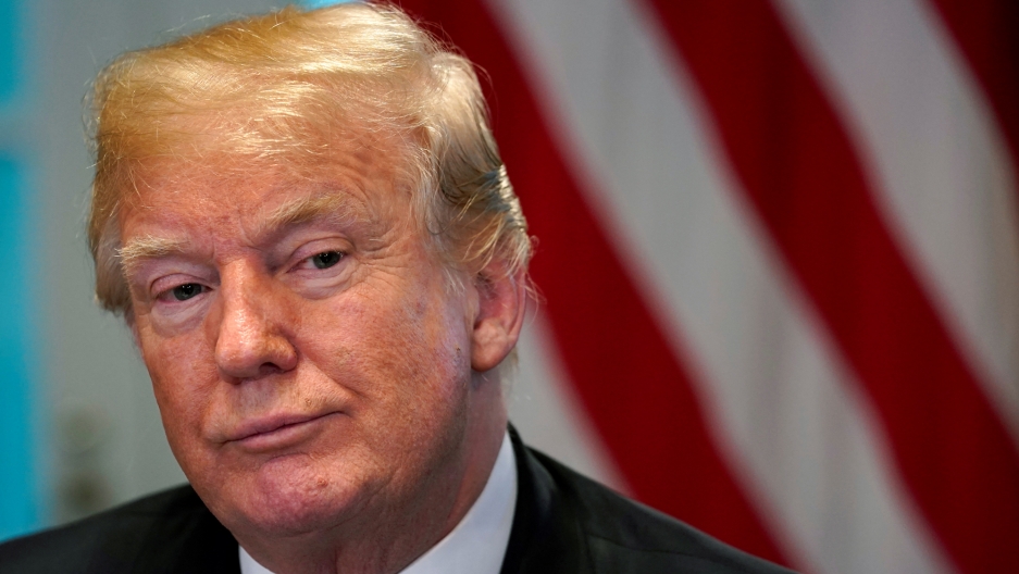 President Donald Trump hosts a "California Sanctuary State Roundtable" at the White House, May 16, 2018. An extreme close up of President Donald Trump's face