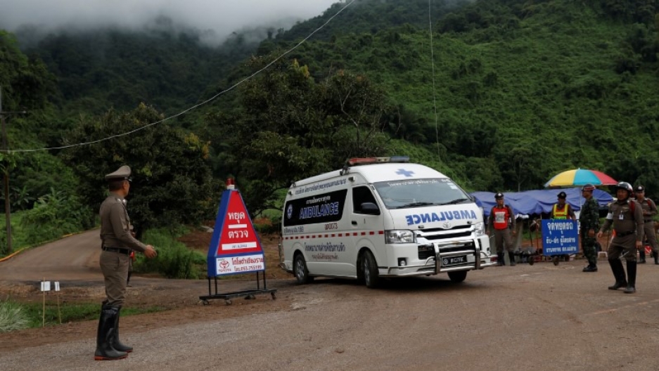 An ambulance is seen Tham Luang cave complex, where schoolboys are trapped in a flooded cave, July 9, 2018. An ambulance is seen Tham Luang cave complex, where schoolboys are trapped in a flooded cave, July 9, 2018.