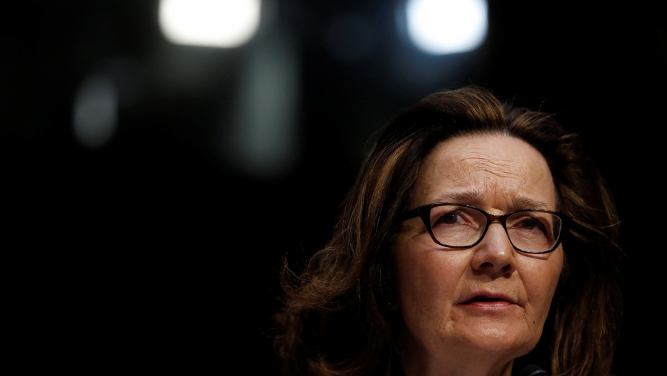 CIA Director Gina Haspel testifies at her confirmation hearing before the Senate Intelligence Committee. CIA Director Gina Haspel, wearing dark rimmed glasses, looks right in the medium cropped portrait.