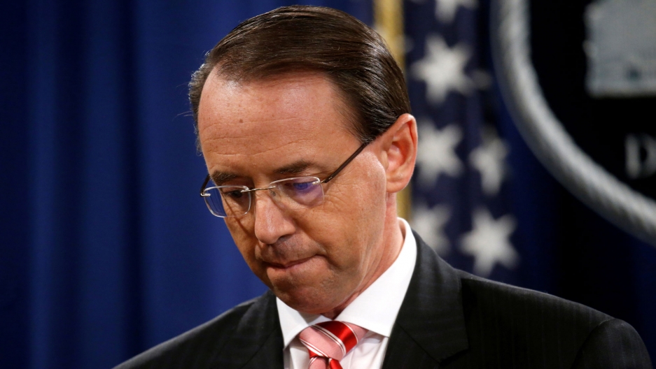 Deputy US Attorney General Rod Rosenstein at the Justice Department in Washington, DC. Deputy US Attorney General Rod Rosenstein is shown looking down and red stripped tie.