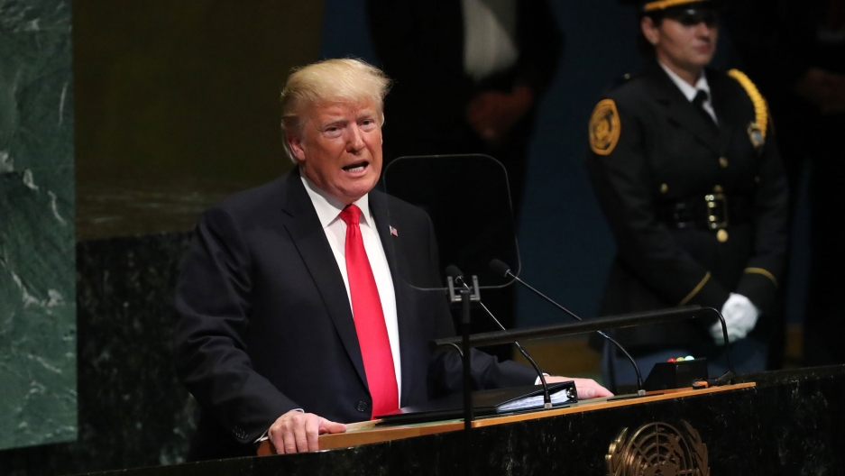 US President Donald Trump addresses the 73rd session of the United Nations General Assembly at UN headquarters in New York, Sept. 25, 2018. US President Donald Trump, in a red tie and dark suit, is shown at podium addressing the United Nations General Assembly.