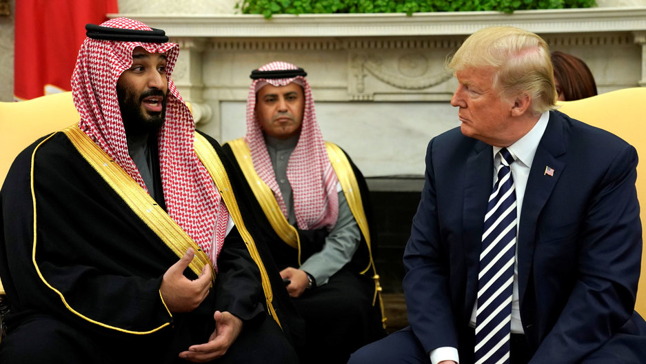 Saudi Arabia's Crown Prince Mohammed bin Salman delivers remarks as US President Donald Trump welcomes him in the Oval Office, March 20, 2018. Saudi Arabia's Crown Prince Mohammed bin Salman is shown sitting next to President Donald Trump.