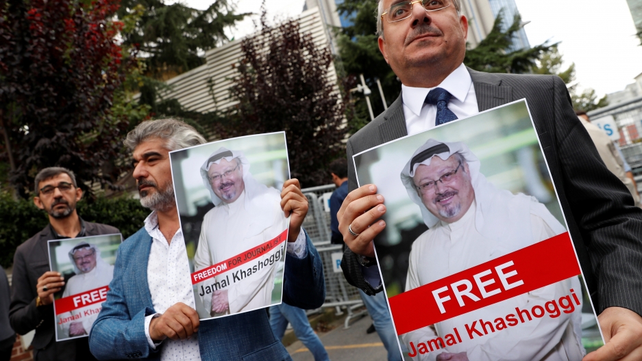 Human rights activists and friends of Saudi journalist Jamal Khashoggi hold his pictures during a protest outside the Saudi Consulate in Istanbul, Turkey October 8, 2018. Human rights activists and friends of Saudi journalist Jamal Khashoggi hold his pictures during a protest outside the Saudi Consulate in Istanbul, Turkey October 8, 2018.