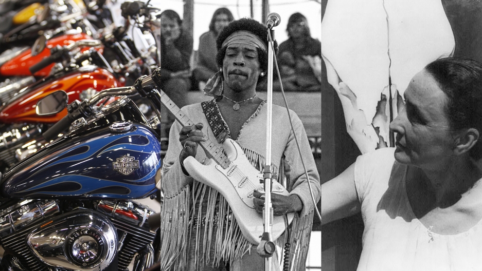 Harley-Davidson motorcycles lineup, Jimi Hendrix plays Woodstock and Georgia O’Keeffe stands in front of one of her skull paintings. Harley-Davidson motorcycles lineup, Jimi Hendrix plays Woodstock and Georgia O’Keeffe stands in front of one of her skull paintings.