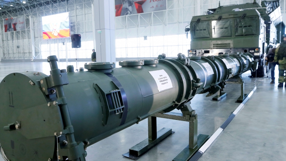 Components of SSC-8/9M729 cruise missile system are on display during a news briefing, organized by Russian defense and foreign ministries, at Patriot Expocentre near Moscow, Russia, Jan. 23, 2019. Russian missiles on display.