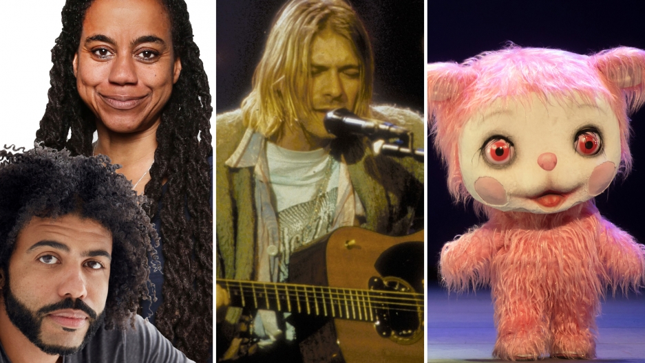 Daveed Diggs, Suzan-Lori Parks, Kurt Cobain performing on MTV Nirvana Unplugged, and the supernumerary Iggy Berlin in a giant pink Yak costume. Daveed Diggs and Suzan-Lori Parks, Kurt Cobain performs on "MTV Unplugged," and supernumerary Iggy Berlin performs in a giant pink yak costume at the Metropolitan Opera.