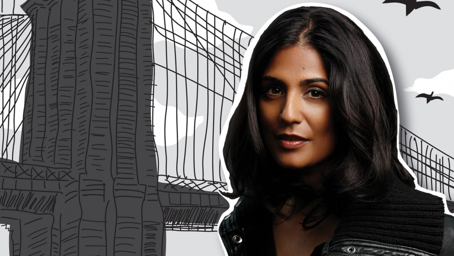 A woman's photo is superimposed on an illustrated image of the Brooklyn Bridge Author Mira Jacob reflects on raising a brown boy in America today