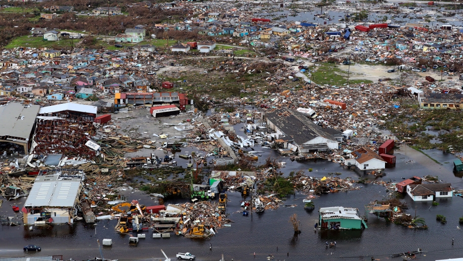 An aerial image of the island Great Abaco, shows the devastation caused by Hurricane Dorian, Bahamas, Sept. 3, 2019. An aerial photograph showing flooded buildings and debris covering much of the landscape.
