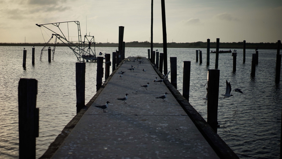 A dock on the Mississippi River in Buras, Louisiana. An older dock is shown extending out into the Mississippi River.