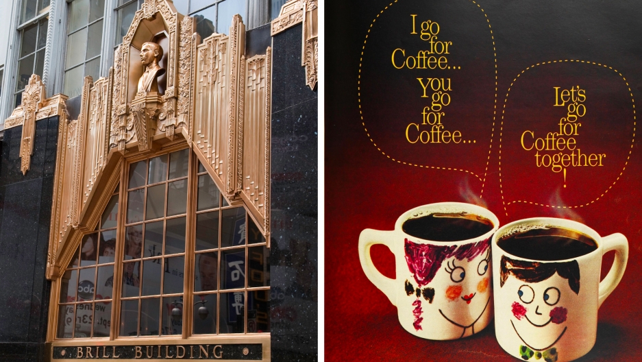 The Brill Building and a “Mugmates” advertisement. The Brill Building and a “Mugmates” advertisement.