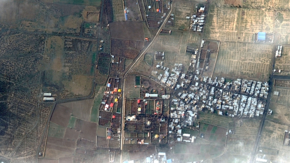A view shows the area where an Ukraine International Airlines plane crashed after take-off from Iran's Imam Khomeini Airport in this satellite image taken Jan. 9, 2020. A satellite view of the area near Imam Khomeini Airport in Iran showing a cluster of buildings and the crash site.