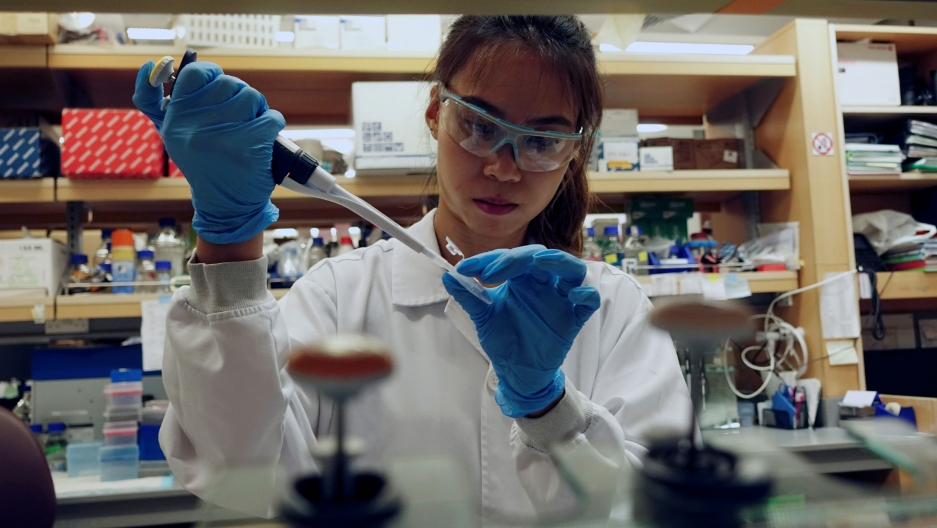 A researcher works in a lab at the Duke-NUS Medical School, which is developing a way to track genetic changes that speed testing of vaccines against the coronavirus disease in Singapore, March 2020. A researcher is shown holding a dropper up to a vial while wearing medical protective clothing.