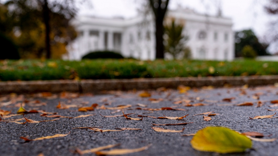 Leaves lie on the ground outside the White House in Washington, DC, Nov. 12, 2020. Leaves lie on the ground in focus with the White House in the distance in soft focus.