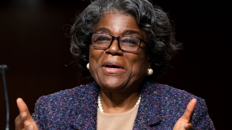 United States Ambassador to the United Nations nominee Linda Thomas-Greenfield testifies during for her confirmation hearing before the Senate Foreign Relations Committee on Capitol Hill, Jan. 27, 2021. Linda Thomas-Greenfield is shown seated, wearing dark-framed glasses and testifying.