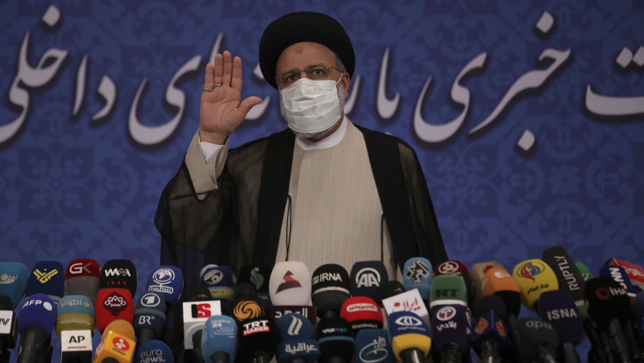Iran's new President-elect Ebrahim Raisi speaks during a press conference in Tehran, Iran, Monday, June 21, 2021. Iran's new President-elect Ebrahim Raisi speaks during a press conference