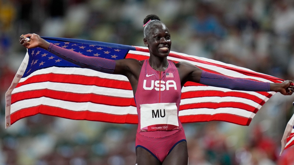Athing Mu, of United States, reacts after winning the final of the women's 800-meters at the 2020 Summer Olympics, Tuesday, Aug. 3, 2021, in Tokyo. Athing Mu, of United States, reacts after winning the final of the women's 800-meters at the 2020 Summer Olympics, Tuesday, Aug. 3, 2021, in Tokyo.