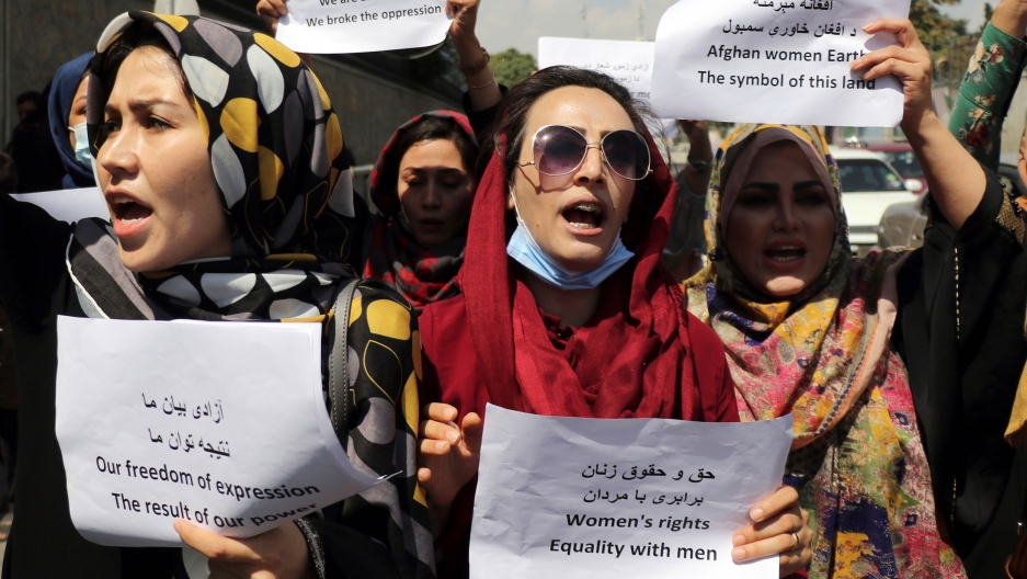 Women gather to demand their rights under the Taliban rule during a protest in Kabul, Afghanistan, Friday, Sept. 3, 2021. Women gather to demand their rights under the Taliban rule during a protest in Kabul, Afghanistan, Friday, Sept. 3, 2021.