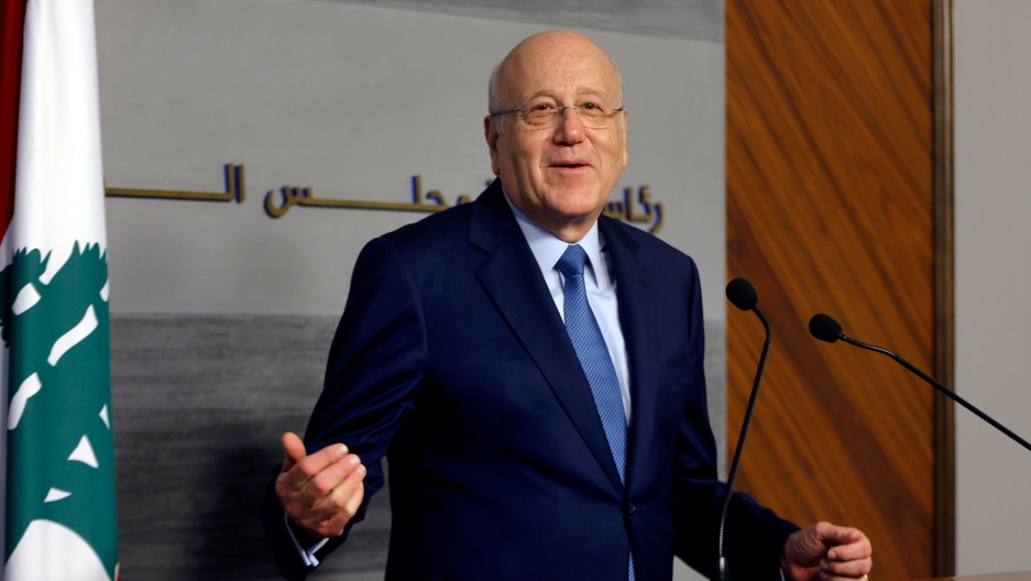 Lebanese Prime Minister Najib Mikati speaks during a joint press conference with his Jordanian counterpart Bisher Khasawneh, at the Government House in downtown Beirut, Lebanon, Thursday, Sept. 30, 2021. Lebanese Prime Minister Najib Mikati speaks during a joint press conference with his Jordanian counterpart Bisher Khasawneh, at the Government House in downtown Beirut, Lebanon, Thursday, Sept. 30, 2021.