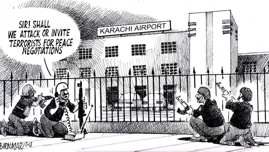 After the June 2014 attacks on the Karachi airport, Sabir Nazar resubmits the cartoon, replacing the hospital with the Karachi airport. The cartoon was accepted. After the June 2014 attacks on the Karachi airport, Sabir Nazar resubmits the cartoon, replacing the hospital with the Karachi airport. The cartoon was accepted.