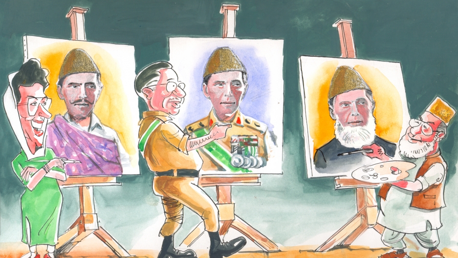 Every Pakistani leader invokes the words of Pakistan's founder Mohammad Ali Jinnah to justify their political program. Seen here, next to slightly amended portraits of Jinnah, are Benazir Bhutto, General Pervez Musharraf and Qazi Hussain Ahmad of the Jama Every Pakistani leader invokes the words of Pakistan's founder Mohammad Ali Jinnah to justify their political program. Seen here, next to slightly amended portraits of Jinnah, are Benazir Bhutto, General Pervez Musharraf and Qazi Hussain Ahmad of the Jama