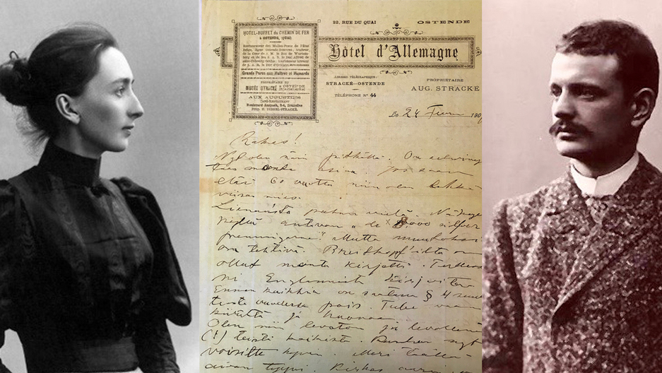 Aino and Jean Sibelius flanking a letter written by Jean to Aino. Aino and Jean Sibelius flanking a letter written by Jean to Aino.