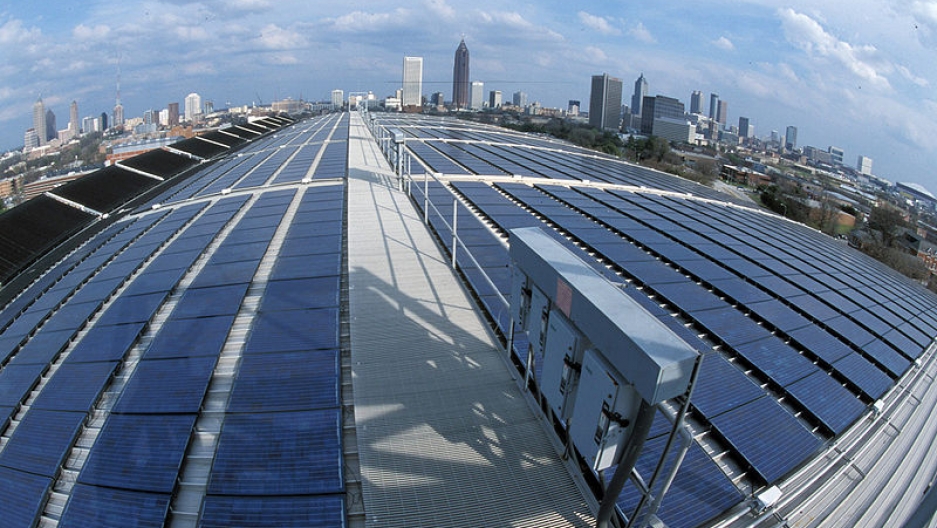 A solar panel on top of the Georgia Tech Aquatic Center. The battle over solar energy in the state has had national implications for the Tea Party. 