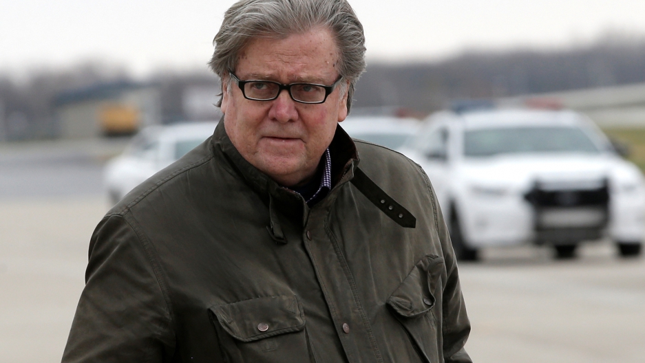 Stephen Bannon, chief strategist to President Donald Trump, was a founding member and executive chairman of Breitbart News, which Bannon called a "platform for the alt-right." He's shown here walking from Trump's plane.