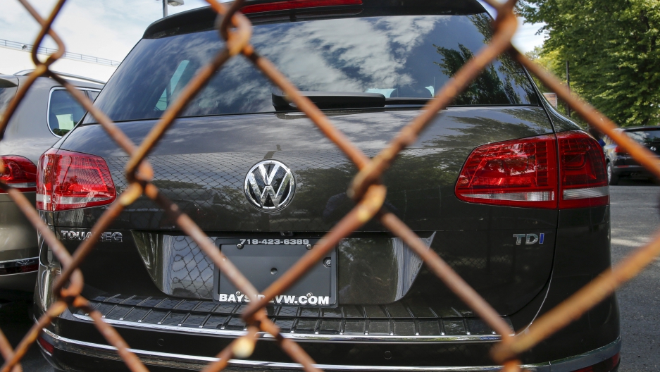 A Volkswagen 2016 Touareg TDI is seen at a VW dealership.