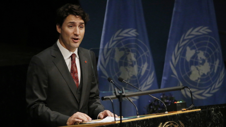 Canadian Prime Minister Justin Trudeau speaking at the signing ceremony on climate change at the UN in 2016. Trudeau has committed Canada to steep reductions in carbon pollution, while also pushing to expand tar sands oil production.