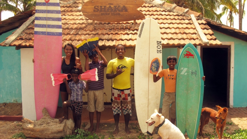 Ishita Malayvia (left) and Tushar Pathiyan (center) outside the Shaka Surf Club in Manipal in Karnataka on the west coast of India.