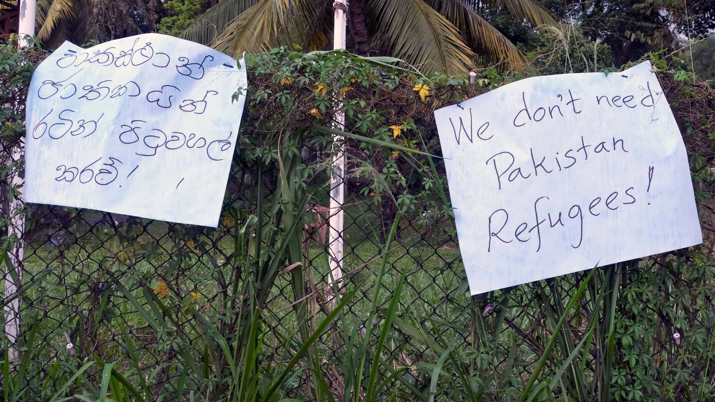Signs hang over a fence. Once says "We don't need Pakistani refugees"