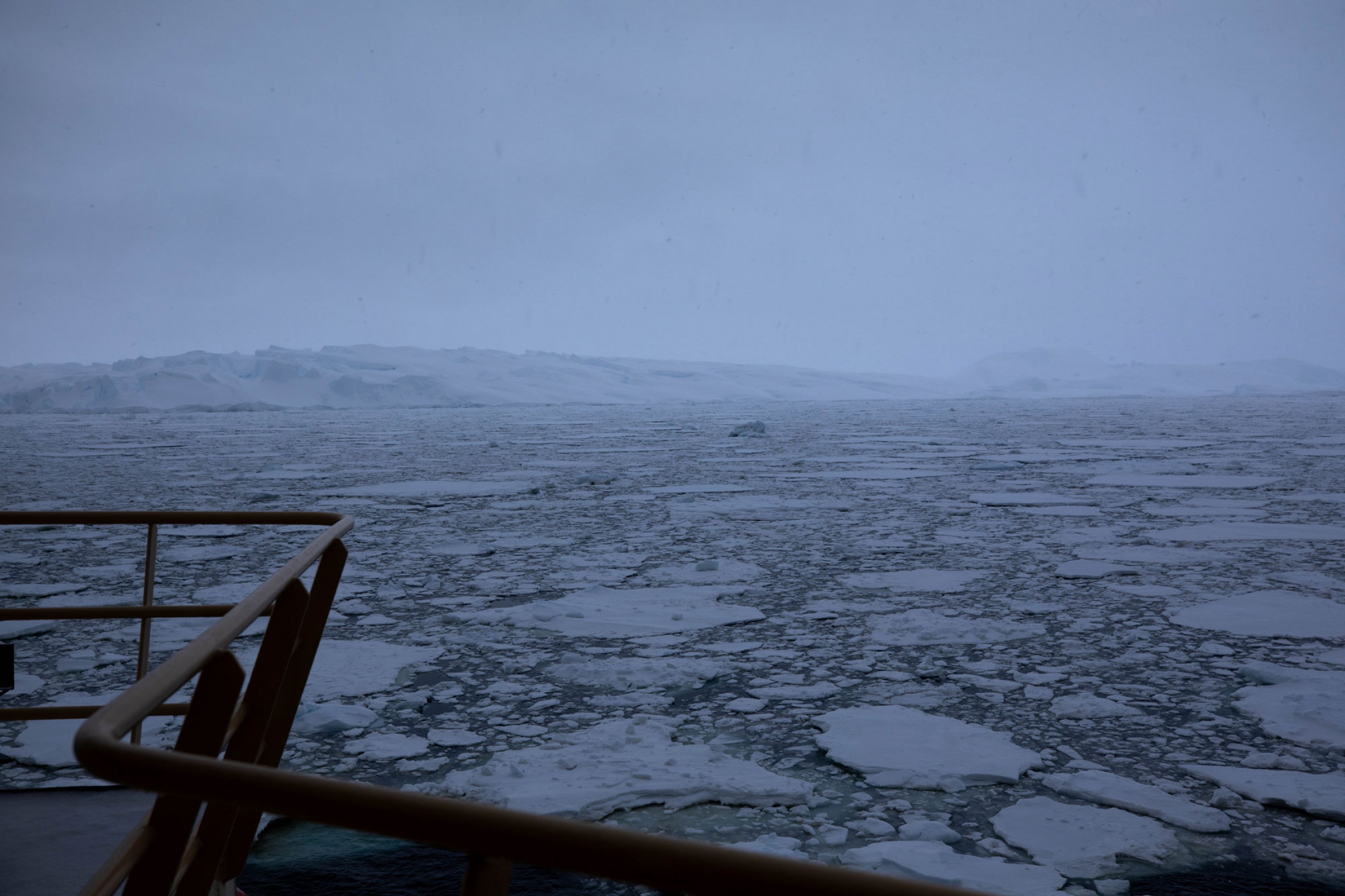 Larger pancake ice forms in the Amundsen Sea. The brown railing of the research vessel is shown in the near ground with larger pancake ice formations in the Amundsen Sea.