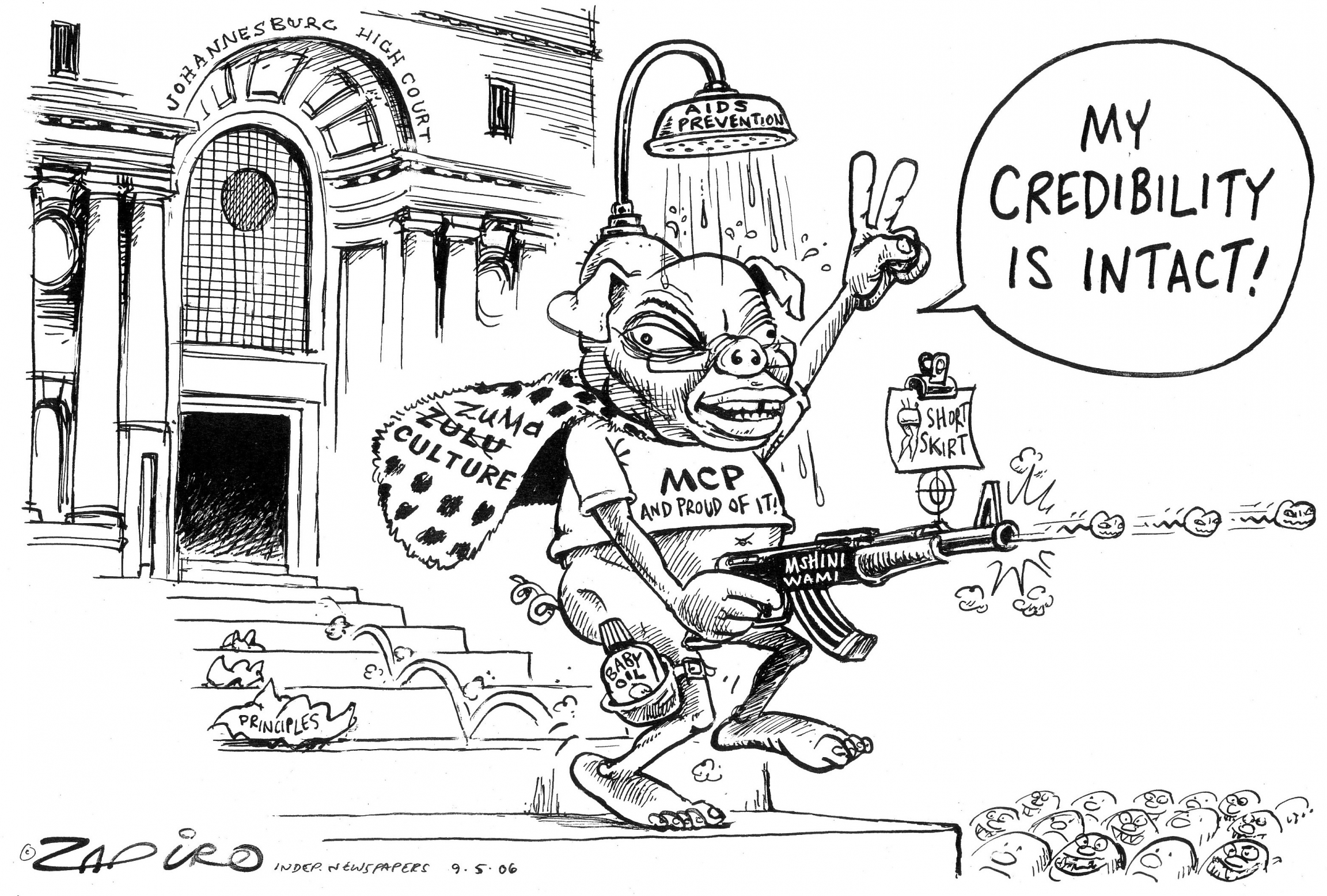 Cartoon of Jacob Zuma leaving court in 2006 after having been acquitted of rape with a shower on his head to illlustrate his claim that he took a shower after sex to avoid getting HIV from someone who was infected.