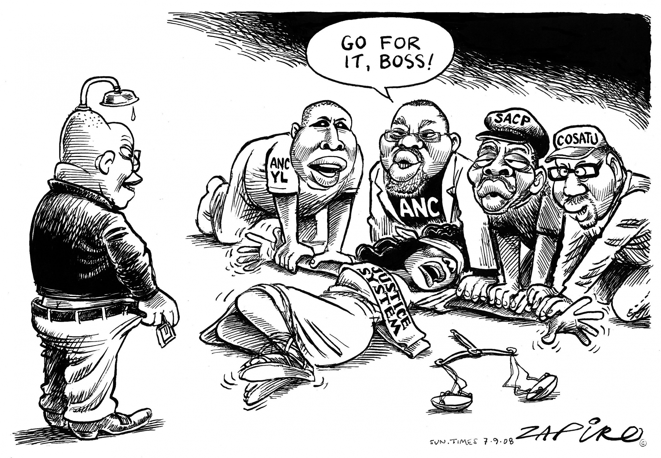 A Zapiro cartoon showing Jacob Zuma undoing his pants with Lady Justice being held down by Zuma's cronies and one of them says, "Go for it, boss!"