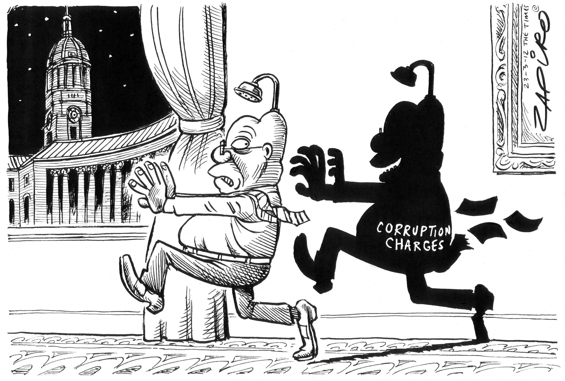 Jacob Zuma high stepping in a cartoon about the shadow of corruption charges around him. Jacob Zuma high stepping in a cartoon about the shadow of corruption charges around him.
