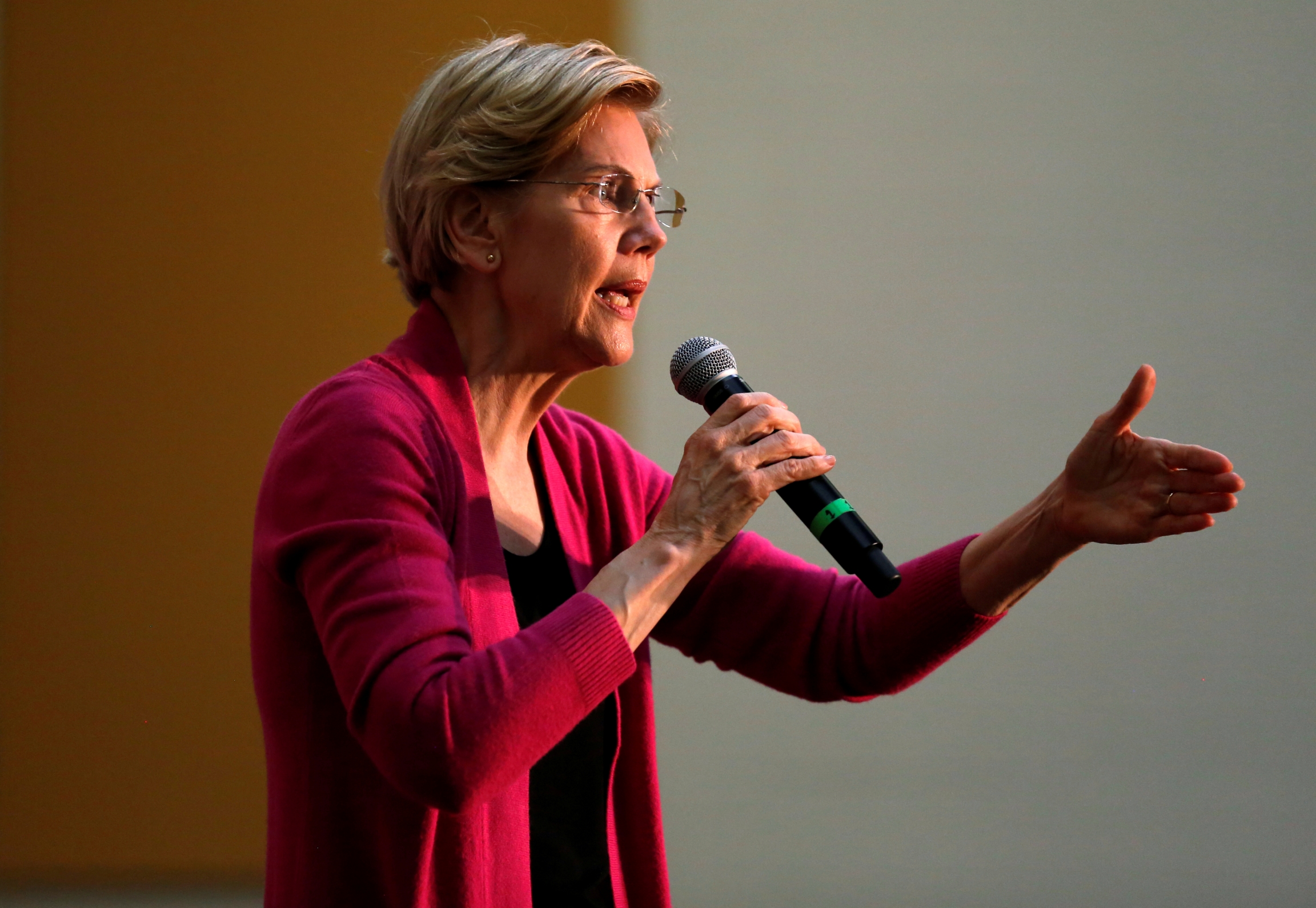 Elizabeth Warren giving her positions at a townhall event. Portrait of Elizabeth Warren
