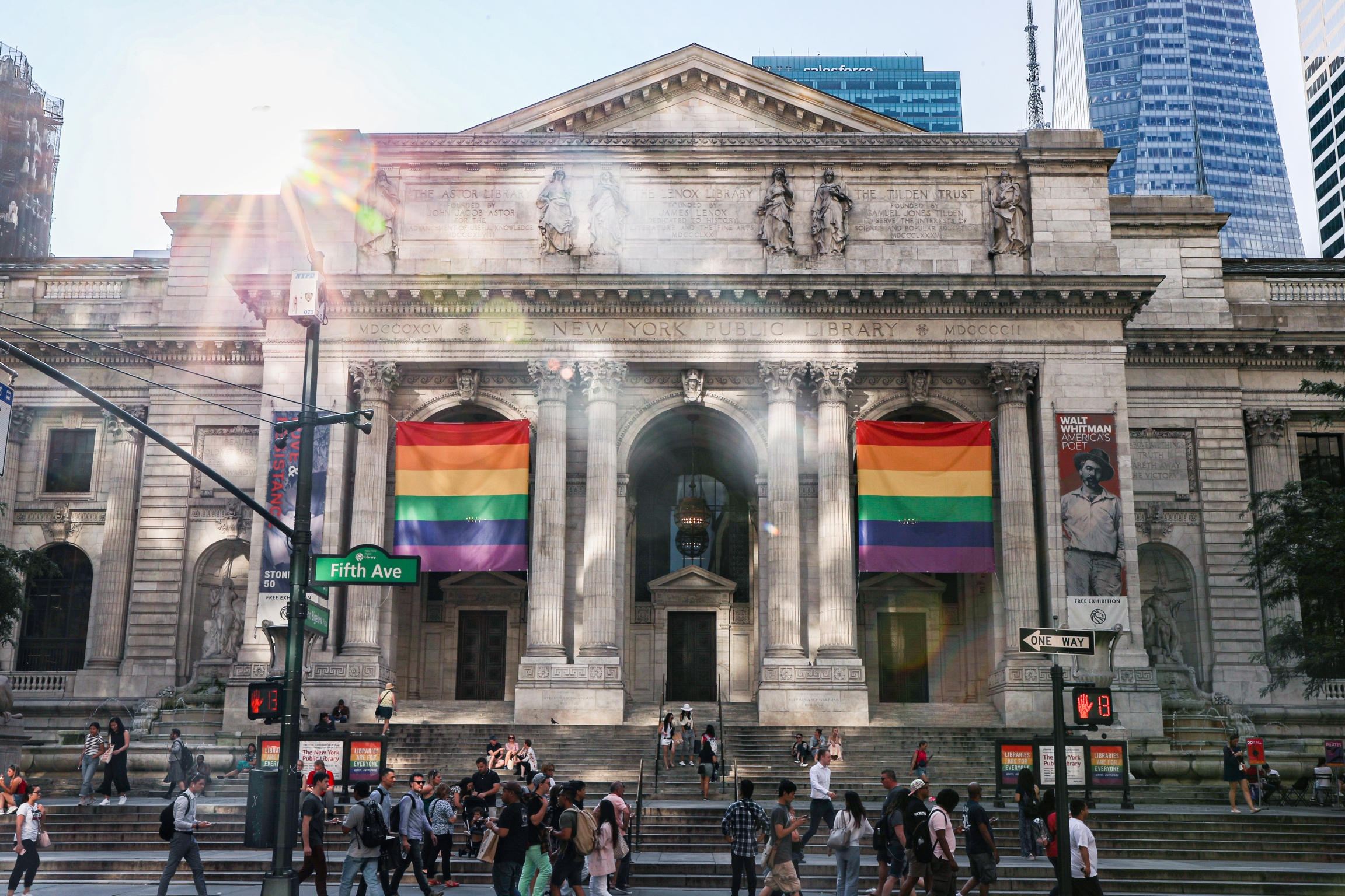 Rainbow pride flags are seen at the New York public library ahead of the 50th anniversary of the Stonewall riot, in New York. Pride flags are hung in front of the New York Public Library.