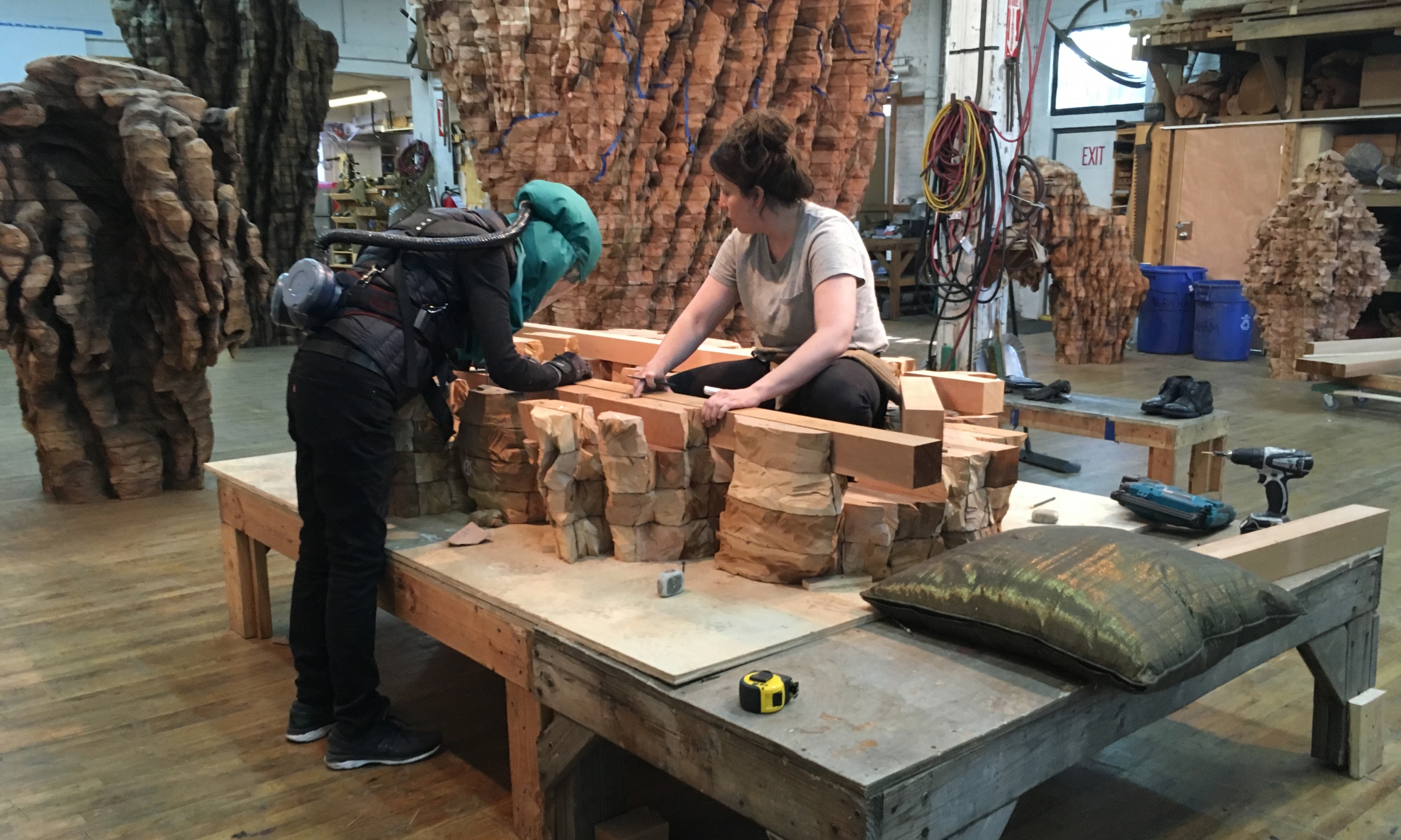 Ursula von Rydingsvard at work in her studio, with assistant Morgan Daly. Ursula von Rydingsvard at work in her studio, with assistant Morgan Daly.