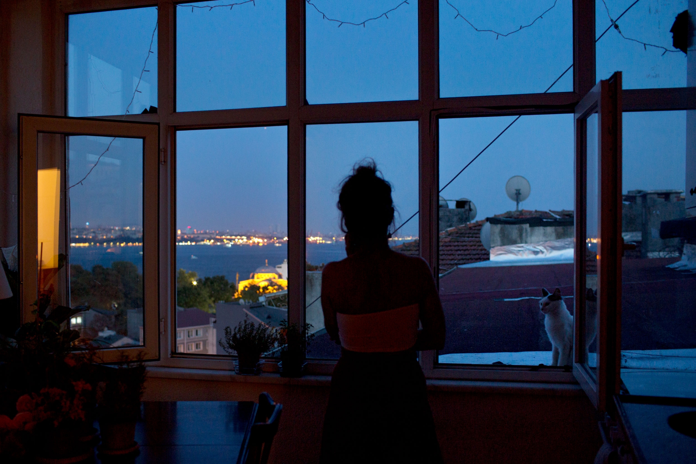 An intern for a local nongovernmental organization that supports refugees speaks on the phone with her colleagues about the situation with deportations of Syrians. A woman is shown in shadow looking out of her window with a cat sitting in the window sill.