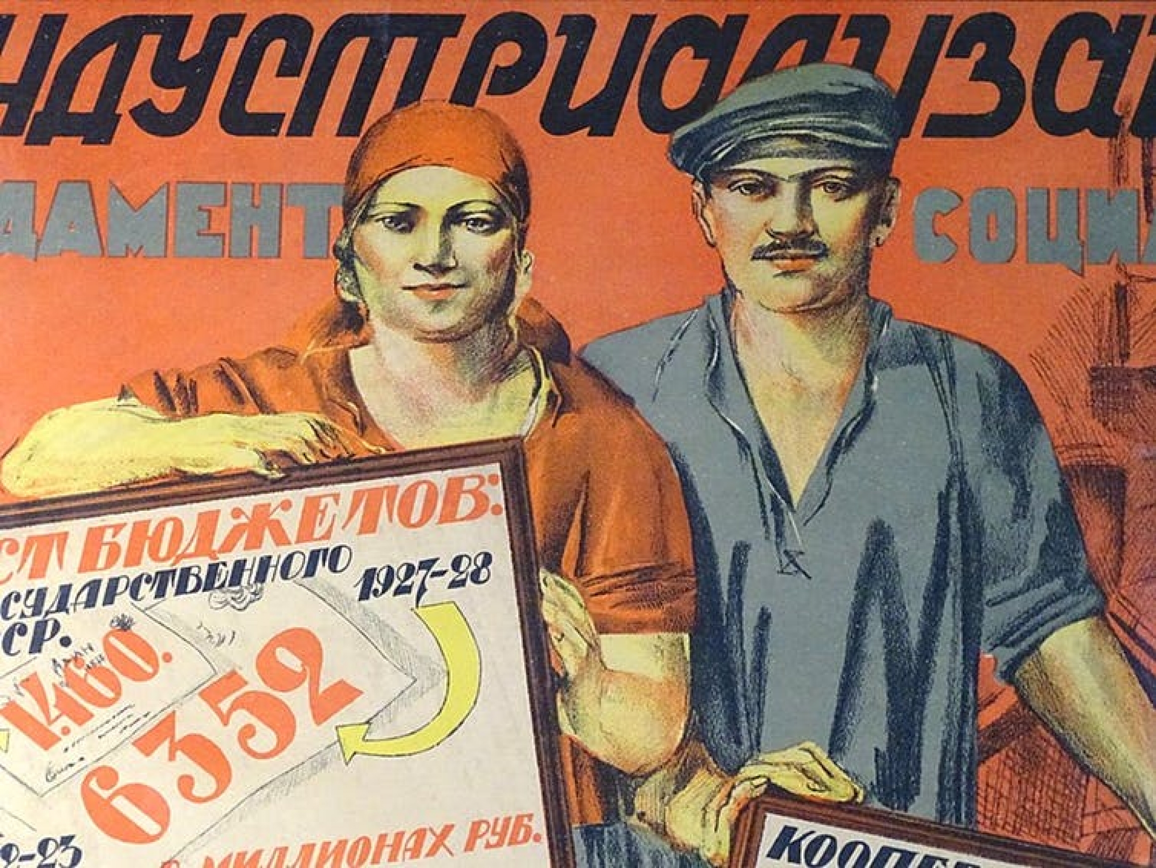 Soviet propaganda poster from the 1930s. An old Soviet propaganda poster showing a man and a woman holding signs in Russian.
