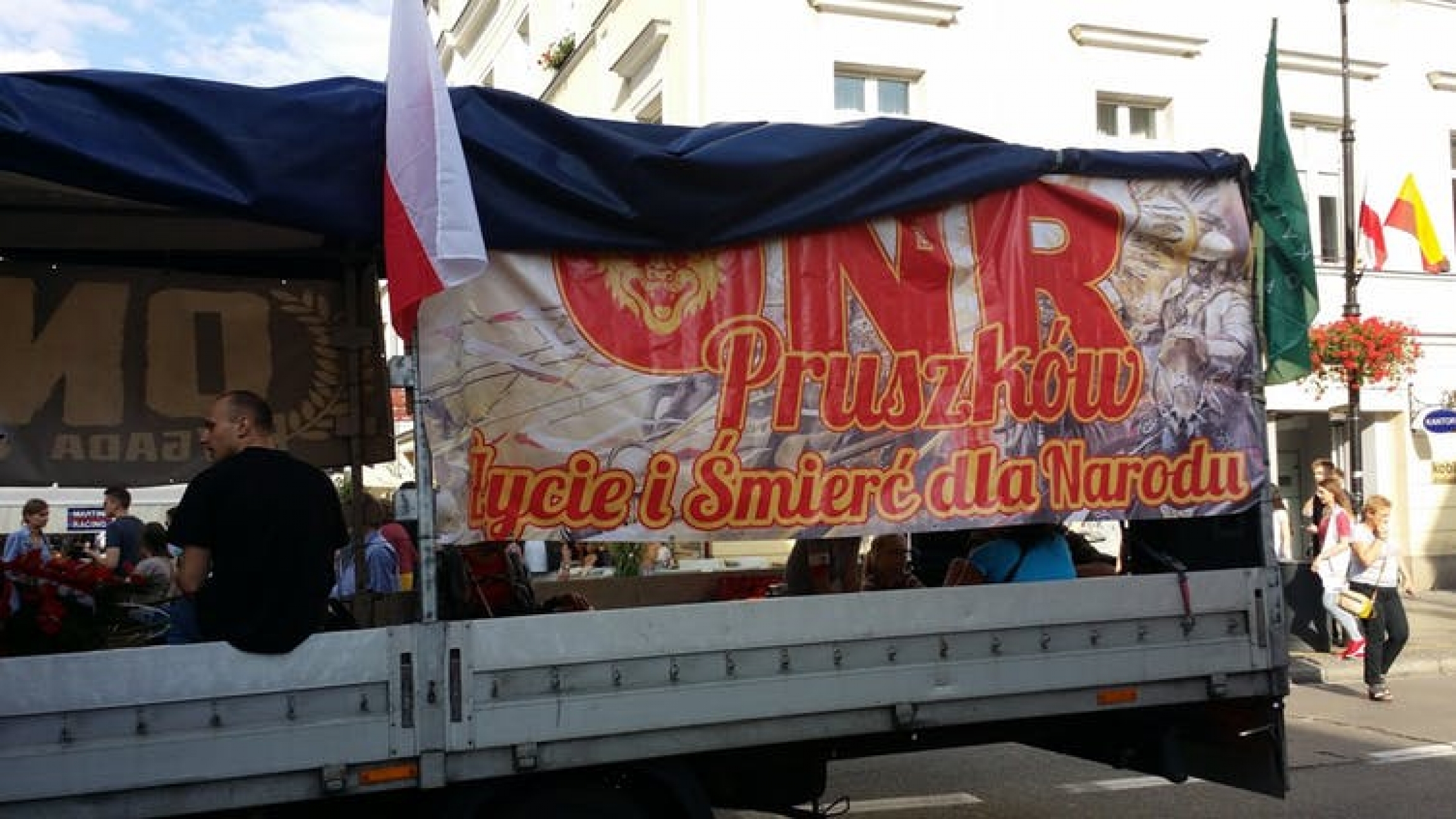 National Radical Camp (ONR), fascist organization truck on the march after a Warsaw Uprising commemoration Aug. 1, 2016. A truck with a sign on it written in Polish