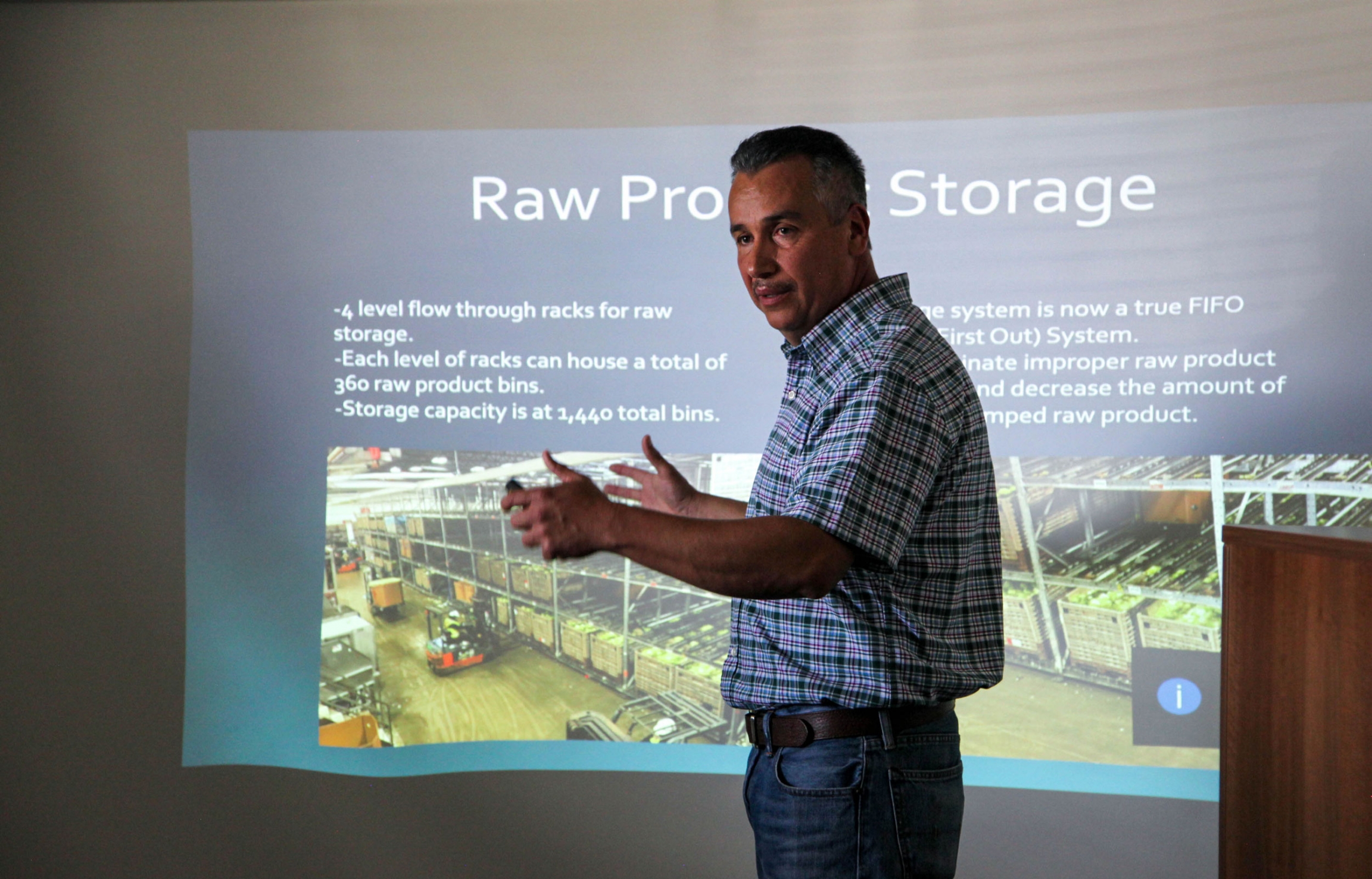 Matias Ramirez, director of facilities and automation at Taylor Farms, gives a presentation on September 10, 2019, about the new technology the company is putting in place at its processing facility. Matias Ramirez, director of facilities and automation at Taylor Farms, gives a presentation on September 10, 2019, about the new technology the company is putting in place at its processing facility.