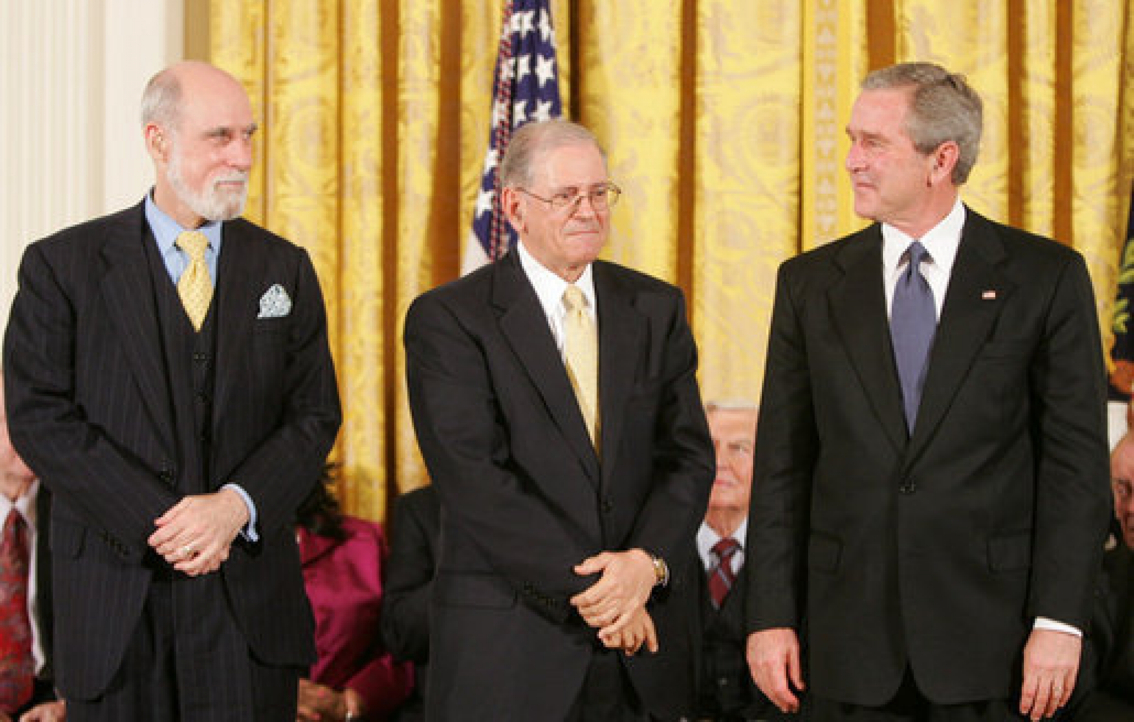 Vinton Cerf and Robert Kahn with President George W. Bush at the ceremony where Cerf and Kahn were given the Presidential Medal of Freedom for their contributions to developing the internet. Vinton Cerf and Robert Kahn with President George W. Bush at the ceremony where Cerf and Kahn were given the Presidential Medal of Freedom for their contributions to developing the internet.