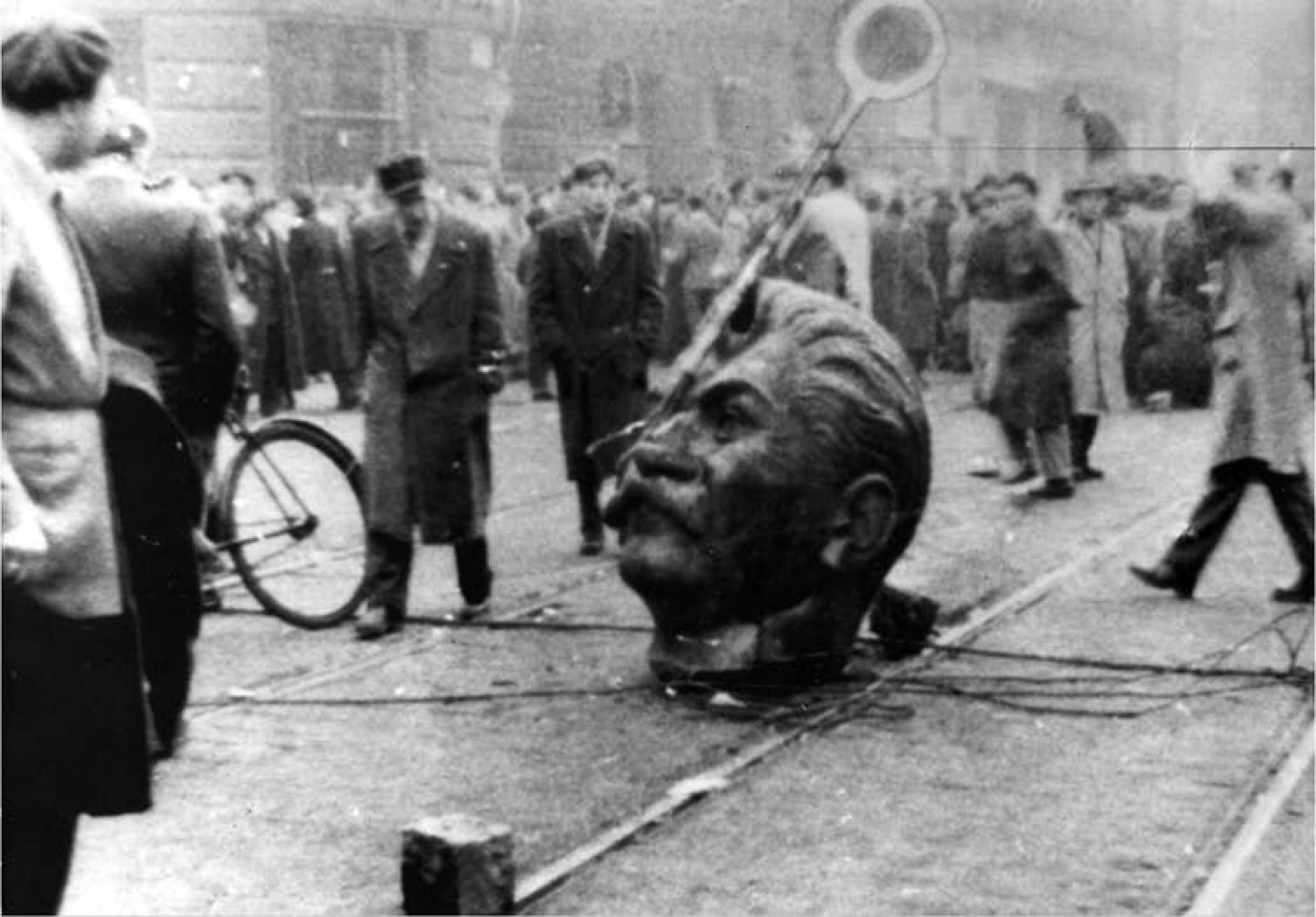 A view of the Hungarian Revolution before the Soviet tanks rolled in. A statue of Stalin's head is on the ground during a revolution in Hungary.
