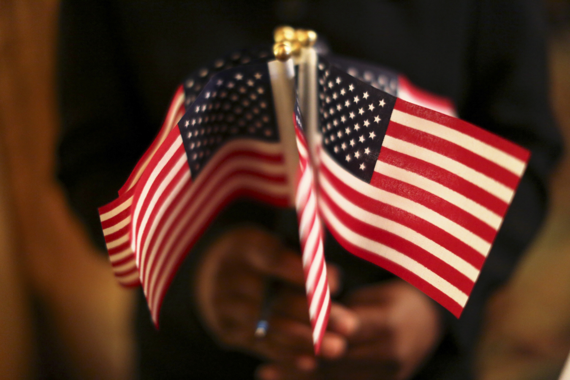 A woman holds a cluster of US flags during a US Citizenship and Immigration Services naturalization ceremony in Oakland, California, on Aug. 13, 2013. A woman holds a cluster of US flags during a US Citizenship and Immigration Services naturalization ceremony in Oakland, California, on Aug. 13, 2013.